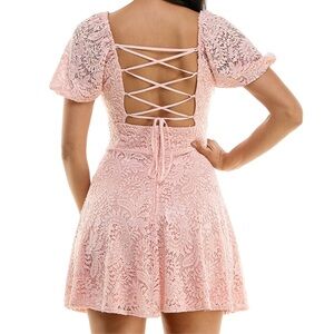B. DARLIN Juniors' Puff-Sleeve Lace-Up Back Fit & Flare Dress